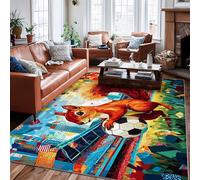 Alfombra de área de ardilla, diseño de pelota de fútbol de dibujos animados, paisaje urbano, color naranja, de pelo bajo, alfombra rectangular para sala de estar, dormitorio, dormitorio universitario