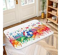Alfombra de área de balón de fútbol, deportivo, colorido, horizonte de la ciudad, fuegos artificiales, ninguno azul, pelo bajo, borde de esponja, alfombra rectangular para baño, puerta, entrada