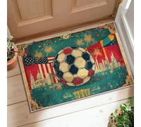 Alfombra de área de balón de fútbol, diseño vintage de fuegos artificiales, horizonte de la ciudad, verano, rojo, antideslizante, antideslizante, alfombra rectangular que no se desprende, para baño