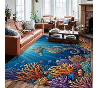 Alfombra de área de caballitos de mar, peces de coral tropical, verano, azul, pelo bajo, alfombras con patrón de interiores que no se desprenden, para sala de estar, dormitorio, pasillo, escritorio