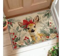 Alfombra de área de ciervos, alfombra rectangular de pelo bajo con cinta roja de bayas de Navidad, no se desprende, para baño, entrada, mesita de noche, lavandería, decoración de 2 x 3 pies