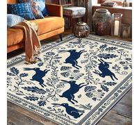 Alfombra de área de conejo, diseño botánico tradicional de hongos con hojas primaverales, color azul marino, borde de pelo bajo, alfombra rectangular para sala de estar, dormitorio, aula, decoración