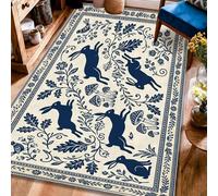 Alfombra de área de conejo, diseño botánico tradicional de hongos con hojas primaverales, color azul marino, de pelo bajo, estética, rectangular, para el hogar, sala de estar, dormitorio, debajo de la