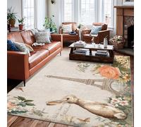 Alfombra de área de conejo, vintage, desgastada, elegante, con flores de la torre de París, primavera, pastel, pelo bajo, alfombra rectangular para interiores, no se desprende, para sala de estar
