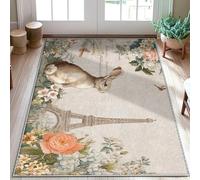 Alfombra de área de conejo, vintage, desgastada, elegante, con flores de la torre de París, primavera, pastel, antideslizante, antideslizante, alfombra rectangular que no se desprende, para baño