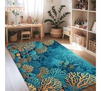 Alfombra de área de coral, naturaleza marina, algas, peces, verano, verde azulado, de pelo bajo, suave, rectangular, resistente a las manchas, para sala de estar, dormitorio, debajo de la mesa