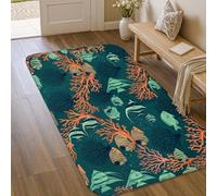 Alfombra de área de coral, naturaleza marina, peces, algas marinas, verano, verde azulado, antideslizante, para interiores, no se desprende, para entrada, baño, lavandería, decoración de 3 x 5 pies