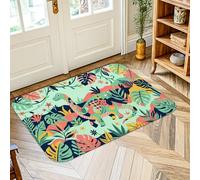 Alfombra de área de dinosaurio, hojas tropicales juguetonas, flores, verano, verde, de pelo bajo, esponja, estética, felpudo rectangular con acentos para baño, mesita de noche, entrada, puerta