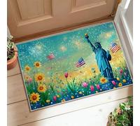 Alfombra de área de estatua, banderas patrióticas de flores festivas de verano, color azul, de pelo bajo, estético, alfombra rectangular con acentos para entrada, baño, lavandería, decoración de 2 x 3