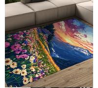 Alfombra de área de Estilo Cuento de Hadas Colorido Campo de Flores Puesta de Sol Paisaje de montaña alfombras Delgadas para la Sala de Estar Dormitorio Antideslizante Lavable 60x90cm