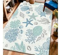 Alfombra de área de estrella de mar, diseño costero náutico de concha de coral, color azul, de pelo bajo, alfombra rectangular para interiores, no se desprende, para sala de estar, dormitorio, aula