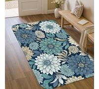 Alfombra de área de flores, diseño floral moderno de hojas de dalia, color azul marino, de pelo bajo, esponja, estético, alfombra rectangular con acentos para baño, entrada, cocina, mesita de noche