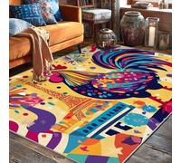 Alfombra de área de gallo, contemporánea, festiva, de la Torre de París, de fuegos artificiales para celebración, color amarillo, antideslizante, para interior, rectangular, no se desprende, para sala