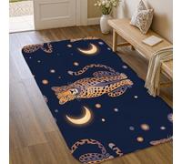Alfombra de área de leopardo, alfombra bohemia con diseño de luna y estrellas, color azul marino, de pelo bajo, borde de esponja, alfombra rectangular para baño, entrada, mesita de noche, decoración