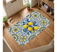 Alfombra de área de limón, alfombra mediterránea tradicional con diseño de hojas de flores amarillas de pelo bajo, suave, resistente a las manchas, lavandería, baño, puerta, entrada, decoración de 3 x