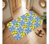 Alfombra de área de limón, diseño mediterráneo chic azul, diseño de hojas, amarillo, de pelo bajo, esponja, estético, alfombra rectangular con acentos para baño, lavandería, cocina, entrada