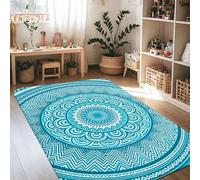 Alfombra de área de mandala, bohemio, contemporáneo, con patrón de zigzag, círculo, turquesa, antideslizante, para interiores, alfombra rectangular que no se desprende, para sala de estar, dormitorio