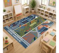 Alfombra de área de mapa de historias, contemporánea, artística, para principiante, medio, ninguno, azul marino, rectangular, alfombras de suelo, alfombras de borde para aula, lectura, decoración de