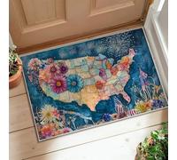 Alfombra de área de mapa, diseño patriótico de flores y banderas de verano, color azul, pelo bajo, suave, resistente a las manchas, entrada, baño, lavandería, decoración de 2 x 3 pies