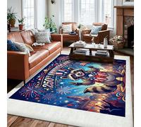 Alfombra de área de mapache, fuegos artificiales de dibujos animados festivos, bandera de Estados Unidos, día de la independencia, azul, pelo bajo, suave, rectangular, resistente a las manchas, para