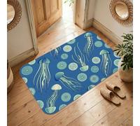 Alfombra de área de medusas, diseño de círculos juguetones del océano, tentáculos, color azul, antideslizante, estético, tapete rectangular con detalles para baño, entrada, mesita de noche, puerta