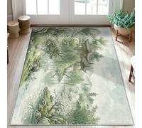 Alfombra de área de pagoda, diseño oriental de árboles naturales, conejo, primavera, verde, de pelo bajo, rectangular, no se desprende, para entrada, baño, cocina, decoración de puerta, 3 x 5 pies