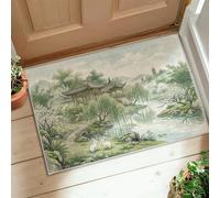 Alfombra de área de pagoda, diseño oriental de árboles naturales, conejo, primavera, verde, pelo bajo, suave, resistente a las manchas, baño, entrada, cocina, mesita de noche, decoración de 2 x 3 pies