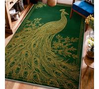 Alfombra de área de pavo real, elegante, clásica, con plumas, sin hojas, color verde, antideslizante, rectangular, para interiores, no se desprende, para sala de estar, dormitorio, debajo de la cama