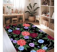 Alfombra de área de peonía, floral, elegante, color violeta, primavera, negro, antideslizante, para interiores, alfombras que no se desprenden, para sala de estar, dormitorio, dormitorio universitario