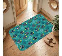 Alfombra de área de pescado, marina juguetona de coral con algas marinas de verano, color verde azulado, esponja de pelo bajo, tapete rectangular con detalles impresos, alfombra de baño, entrada
