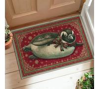 Alfombra de área de pingüino, diseño de copos de nieve con cinta vintage de Navidad, color rojo, de pelo bajo, borde ribeteado, baño, puerta, entrada, mesita de noche, decoración de 2 x 3 pies