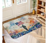 Alfombra de área de soldado, bandera patriótica de acuarela, fuegos artificiales, día de la independencia, color rojo, esponja de pelo bajo, felpudo estético, rectangular, acentos para baño, puerta