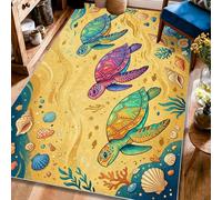 Alfombra de área de tortuga, costera tropical con conchas marinas, coral, verano, azul, pelo bajo, alfombras con patrón de interiores, alfombras que no se desprenden para sala de estar, dormitorio