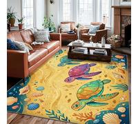 Alfombra de área de tortuga, costera tropical de conchas marinas, coral, verano, azul, parte trasera antideslizante, alfombras con patrón de interiores, alfombras que no se desprenden para sala de