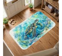 Alfombra de área de tortuga, marina fantastica de coral con algas marinas de verano, color azul de pelo bajo, esponja estética, tapete rectangular con detalles para entrada, baño, cocina, puerta