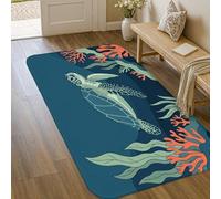 Alfombra de área de tortuga, naturaleza marina, algas marinas, color azul, de pelo bajo, esponja, para interiores, no se desprende, para lavandería, baño, puerta, entrada, decoración de 3 x 5 pies