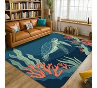Alfombra de área de tortuga, naturaleza marina, algas marinas, color azul, de pelo bajo, estética, rectangular, para el hogar, sala de estar, dormitorio, comedor, escritorio, oficina, decoración de 5