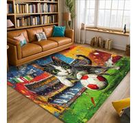 Alfombra de área para gatos, juguetona y contemporánea pelota de fútbol, fondo colorido, no verde, de pelo bajo, esponjosa, alfombra rectangular para interiores, no se desprende, para sala de estar
