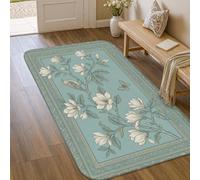 Alfombra de área para pájaros, vintage, inspirada en la naturaleza, magnolia, mariposa, primavera, color verde azulado, de pelo bajo, alfombra rectangular que no se desprende, para baño, entrada