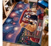 Alfombra de área para perros, diseño patriótico de fuegos artificiales y banderas de Estados Unidos, color rojo, de pelo bajo, para el hogar, alfombra con estampado rectangular para sala de estar
