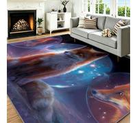 Alfombra de área para sala de estar, 160 x 230 cm, lavable a máquina, antideslizante, pelo corto, zorro, cielo estrellado, alfombra duradera de lana sintética para dormitorio, comedor, oficina en casa