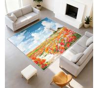 Alfombra de área para sala de estar, 40 x 60 cm, pintura al óleo, floral, estilo campestre de ensueño, fácil de limpiar, alfombra de área de pelo bajo, diseño de flores, campo, cielo, molino de viento