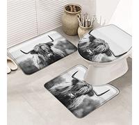 Alfombra De Baño 3 Piezas Animal Cattle Prairie Highland Cattle,Country Retro Black White Art Juego De 3 Alfombras Antideslizante Alfombrilla Absorbente Alfombra Ducha para Entrada Salón