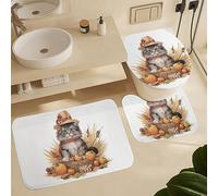 Alfombra De Baño 3 Piezas Cute Cat Autumn Pumpkin Thanksgiving Day Juego De 3 Alfombras Absorbente Alfombrilla Transpirable Alfombra Ducha para Salón Dormitorio Cocina