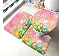 Alfombra De Baño 3 Piezas Easter Theme Bunny Ears Butterflies Colorful Eggs In Grass Flowers Pink Juego De 3 Alfombras Absorbente Alfombrilla Antideslizante Alfombra Ducha para Salón Cocina