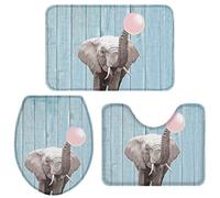 Alfombra De Baño 3 Piezas Elephant with Pink Bubble, Blue Wood Grain Alfombra Ducha Transpirable Juego De 3 Alfombras Cómoda Alfombrilla para Salón Entrada Dormitorio