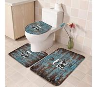 Alfombra De Baño 3 Piezas Farm Pigs Chicken Cow, Vintage Wooden Board Blue Brown Juego De 3 Alfombras Antideslizante Alfombrilla Transpirable Alfombra Ducha para Salón Entrada Dormitorio