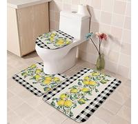 Alfombra De Baño 3 Piezas Farm Summer Lemons Fruit Leaves Water White and Balck Grid On Burlap Juego De 3 Alfombras Transpirable Alfombra Ducha Cómoda Alfombrilla para Salón Entrada Dormitorio