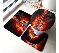Alfombra De Baño 3 Piezas Fire Electric Guitar Rock Music Flame Burning Red Black Juego De 3 Alfombras Antideslizante Alfombrilla Absorbente Alfombra Ducha para Cocina Dormitorio Entrada