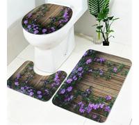 Alfombra de Baño 3 Piezas Flores y cercas de bambú Antideslizante Absorbente Flor Morada Juego de Alfombrillas de Baño con Contorno en U y Funda WC, Suave Lavable para Baño y Hogar